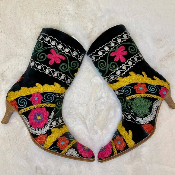 ⚡️Stunning Vintage 90s Neon Floral PSYCHEDELIC Embroidered Kilim Art Heeled Boot - Picture 6 of 16